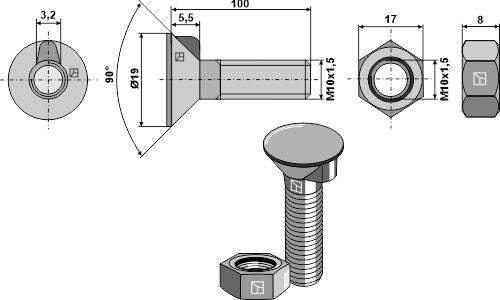 Plogbolt DIN 604 M10x1,5x100 og sekskantmutter
