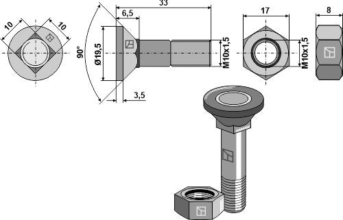Plogbult M10x1,5x33 och sexkantsmutter