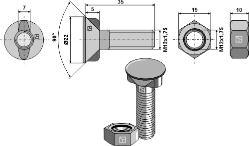 Plogbult M12x1,75x35 med sexkantsmutter