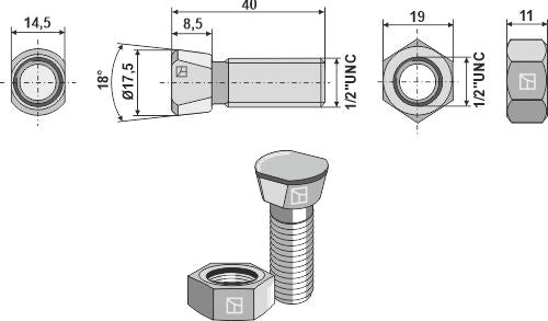 Kyntöruuvi 1/2''UNCx40 kuusikulmaisella mutterilla