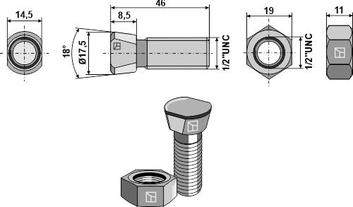 Kyntöruuvi 1/2''UNCx46 kuusikulmaisella mutterilla