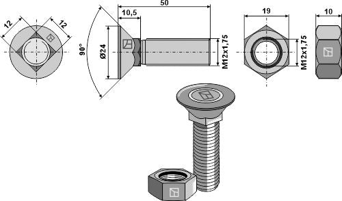 Auran pultti DIN608 M12x1,75x50 ja kuusikulmainen mutteri