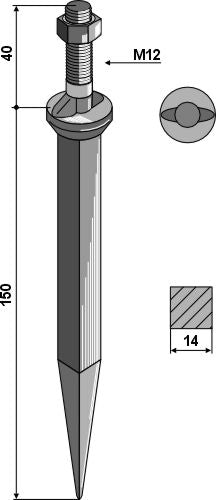 Harvtann av borstål, hals med 2 tetter langs bevegelsesretningen