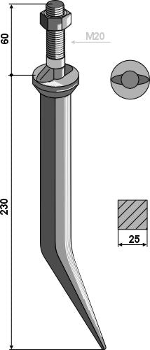 Sead harrow tand af borstål med oval hals på tværs af bevægelsesretningen