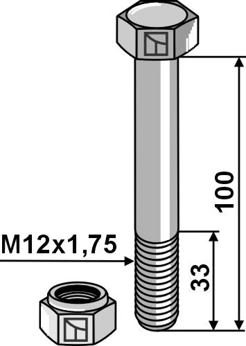 Sekskantbolt M12x1,75x100 med selvlåsende møtrik