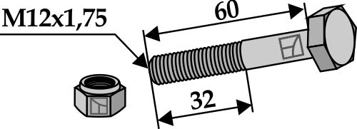 Kuusiokantapultti M12x1,75x60 itselukittuvalla mutterilla