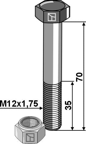 Kuusiokantapultti M12x1,75x70 itselukittuvalla mutterilla