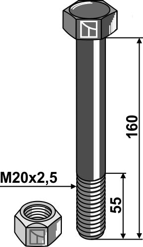 Sexkantskruv M20x2,5x160 med självlåsande mutter