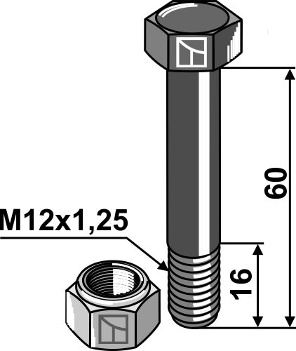 Sexkantskruv M12x1,25x60 med självlåsande mutter