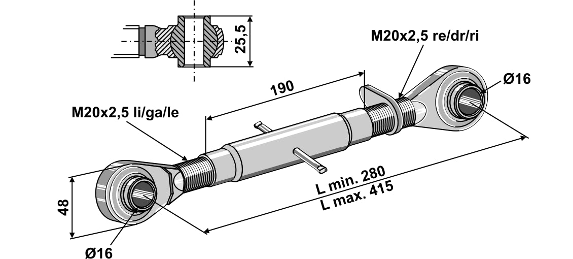 Yläkiinnikkeet karkaistulla kiinnitystangolla M20x2,5