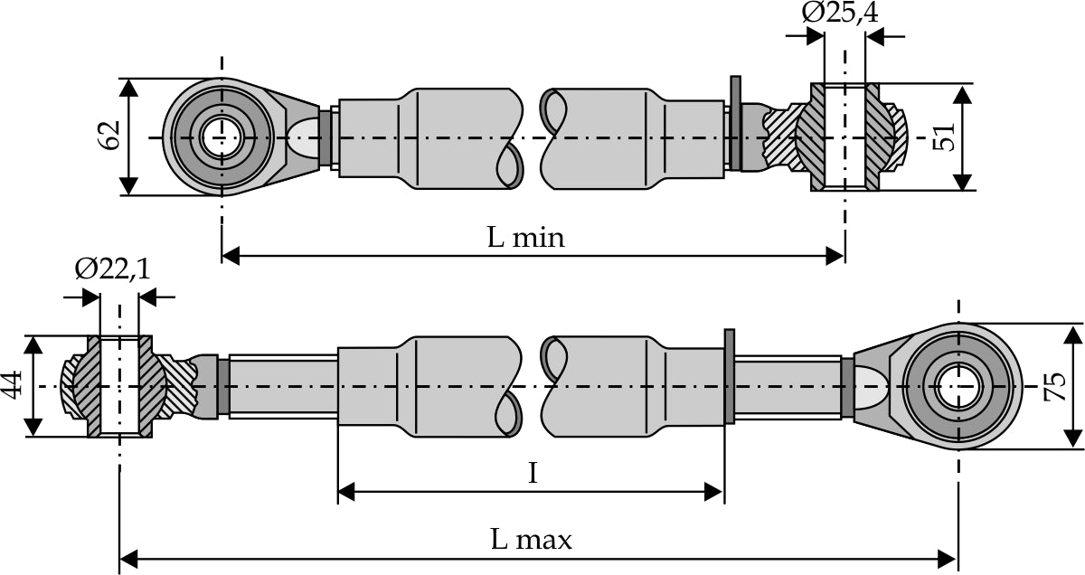 Top-link with hardened tie-rod M30x3,5