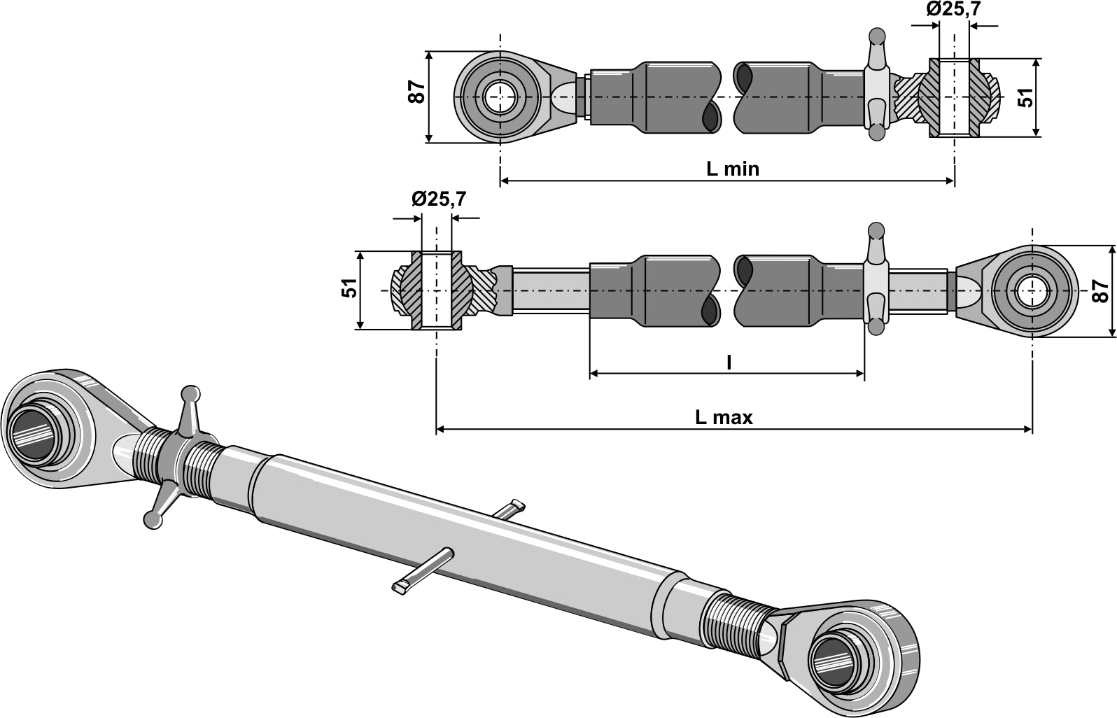 Yläkiinnikkeet karkaistulla kiinnitystangolla M36x3