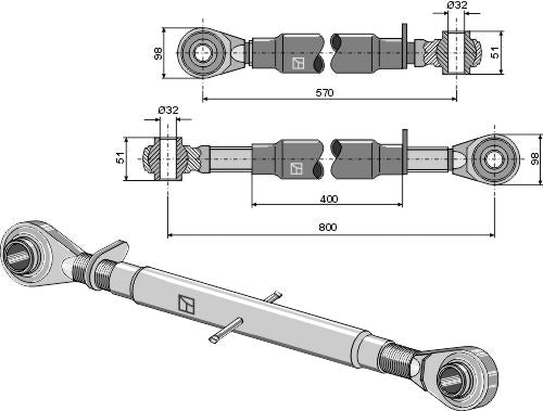 Övre länk med härdade dragstänger M40x3