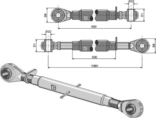 Övre länk med härdade dragstänger M40x3