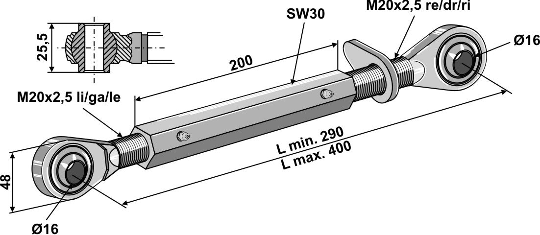 Övre länkar med härdad dragstång M20x2,5