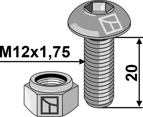 Skruer med sekskantet indvendig gevind M12x1,75x20 - galvaniseret - med møtrik