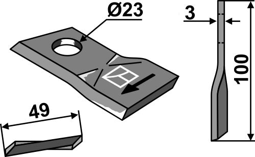 Roterende plæneklipperblad 100 x 49 mm