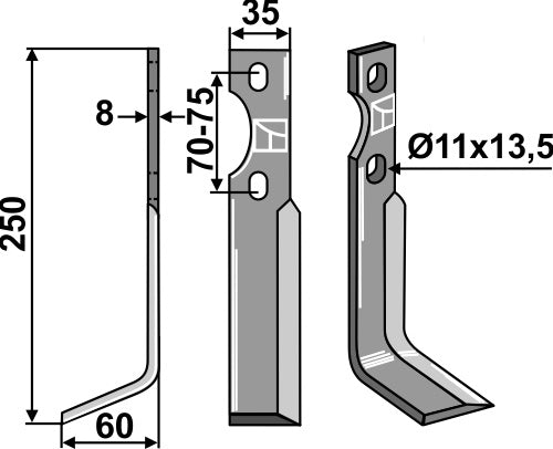 Roterende tand 250 x 35 mm, venstre