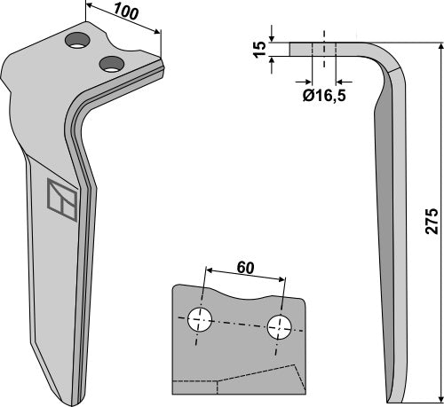 Tand för rotorharvar 275 mm, vänster