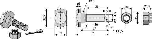 Klinge bolt M 20 x 35 - 12,9 med sekskantet kronemøtrik