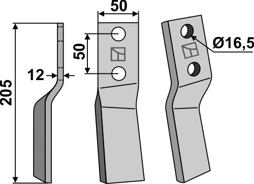 Roterende tand 205 x 50 mm, venstre