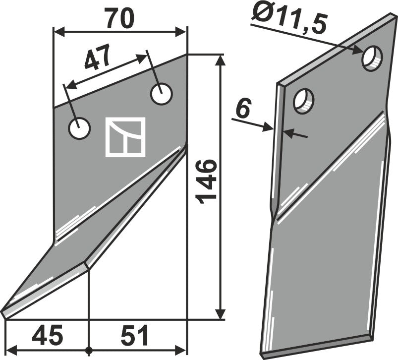 Roterende tand 180x70 mm, venstre