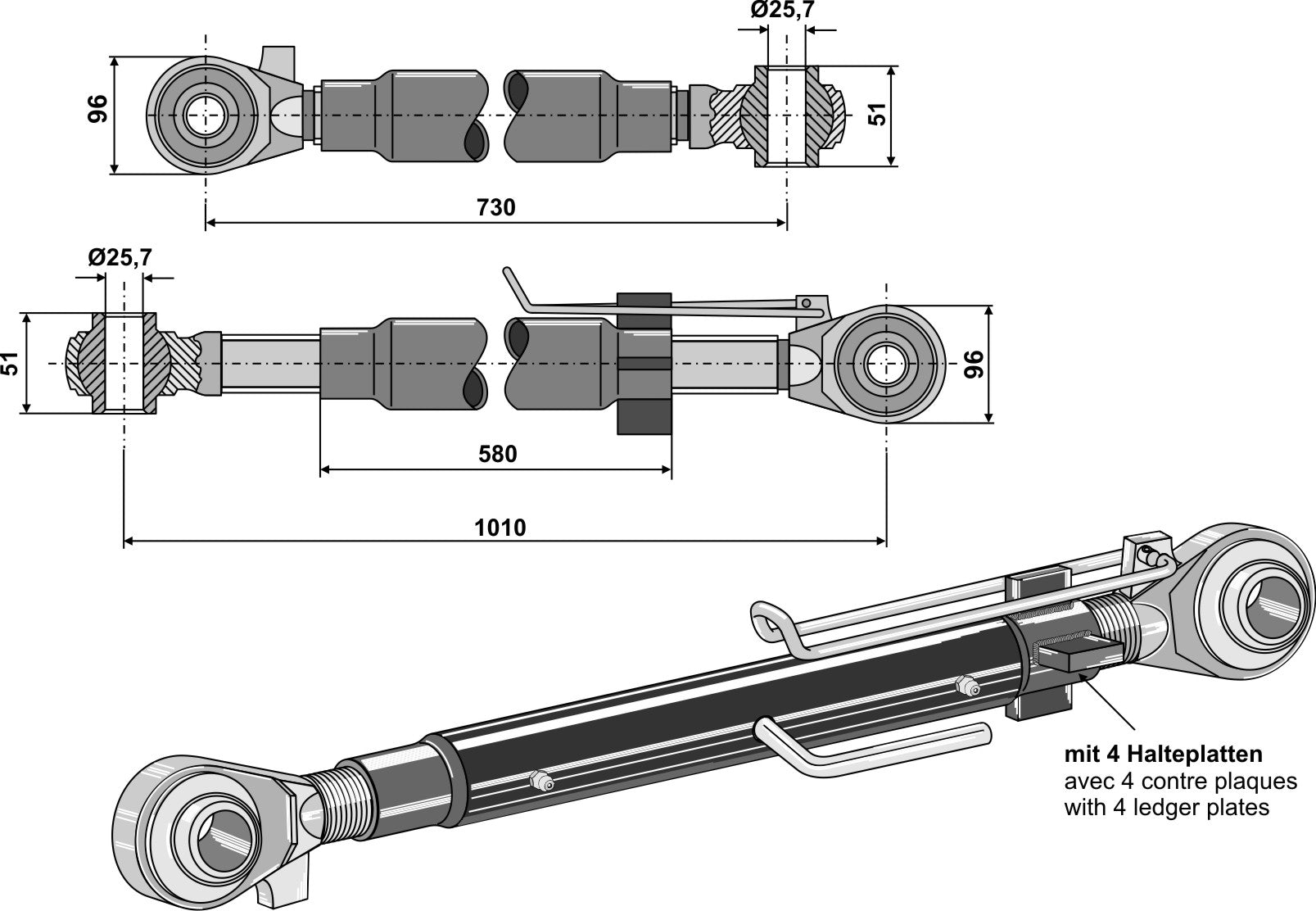 Övre länk med härdade dragstänger M42x3