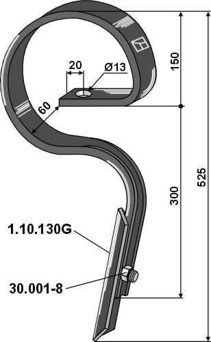 Straight harrow tine with share - Powder coated