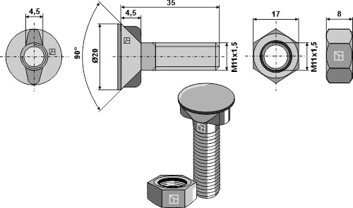 Kyntöruuvi M11x1,5x35 kuusikulmaisella mutterilla