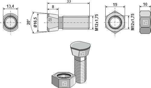 Plough bolt M12x1,75x33 with hexagon nut