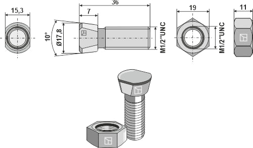 Plogbolt 1/2''UNCx36 med sekskantmutter