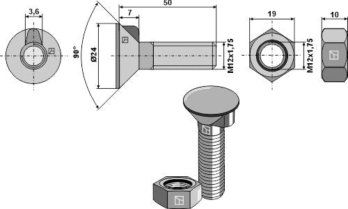Plogbolt DIN 604M12x1,75x50 og sekskantmutter