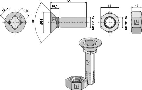Kyntöruuvi M12x1,75x55 ja kuusikulmainen mutteri