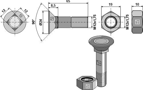 Plovbolt M12x1,75x65 og sekskantmøtrik