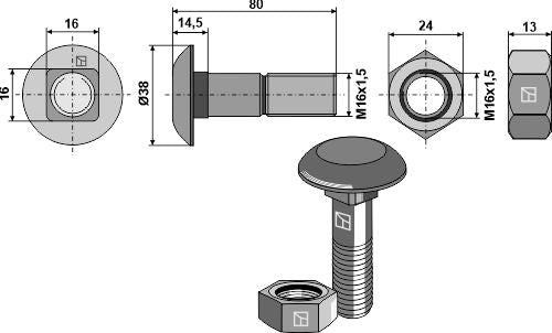 Kyntöruuvi M16x1,5x80 ja kuusikulmainen mutteri