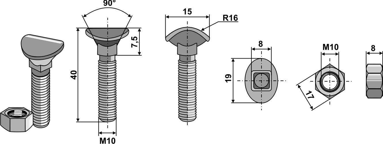 Kultivatorbolt - M10x40 - 6,8