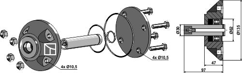 Deep groove ball bearing for coulters compl. with shaft Ø30mm