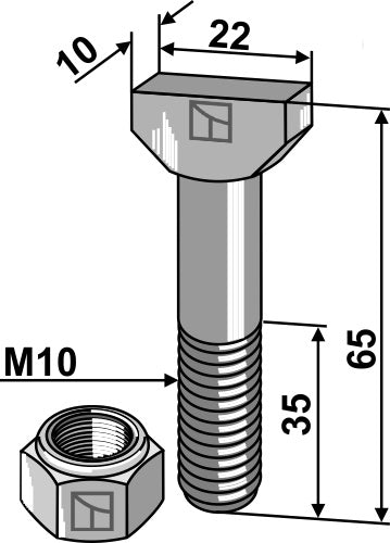 Hammerhodebolt 10x65 med selvlåsende mutter 8.8