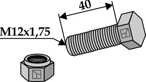 Kuusiokantapultti M12x1,75x40 itselukittuvalla mutterilla