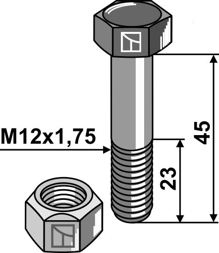 Sekskantbolt M12x1,75x45 med selvlåsende mutter