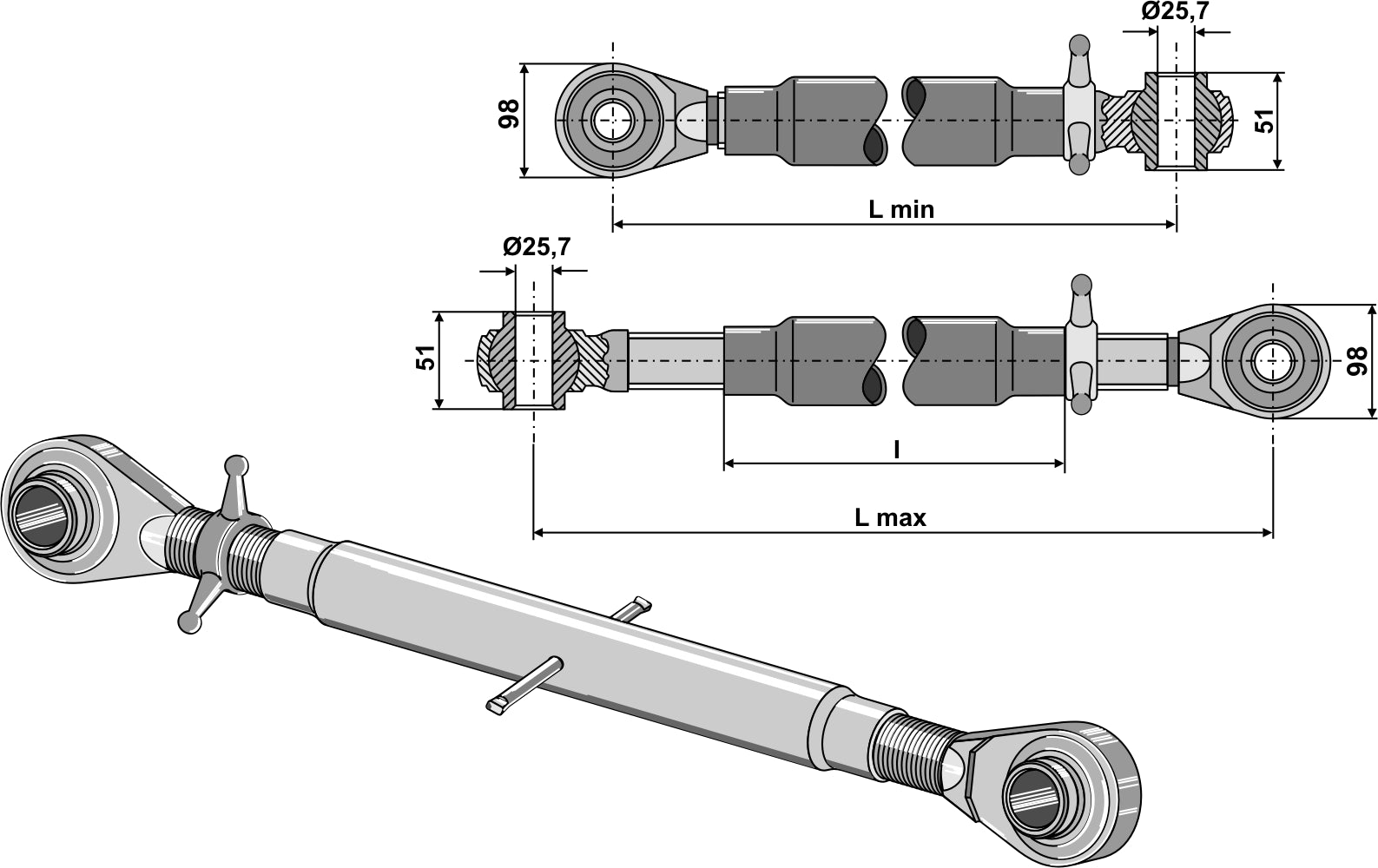 Top-links med hærdet tie-rod M36x3