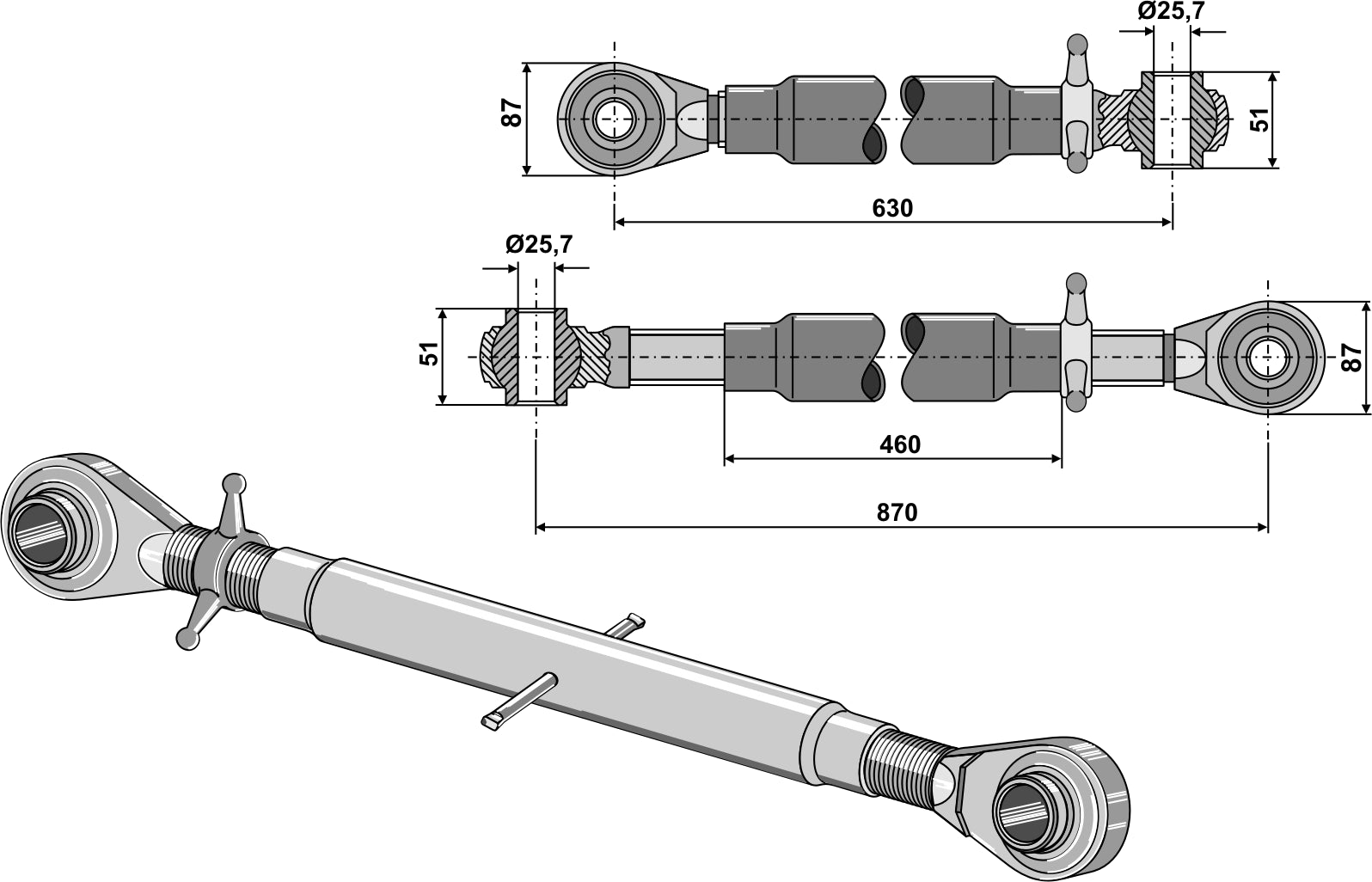 Yläkiinnikkeet karkaistulla kiinnitystangolla M36x3