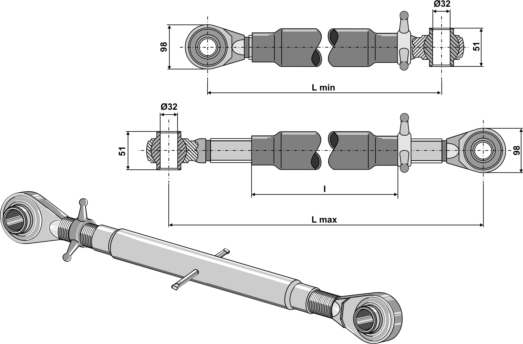 Top-links with hardened tie-rod M36x3