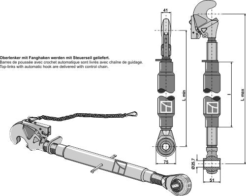 Top-links with automatic hook and tie-rods M30x3,5