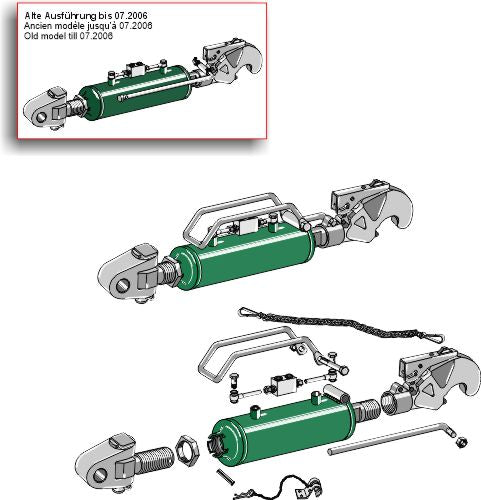 Hydraulisk topstang med krog og drejelig forbindelsesstang