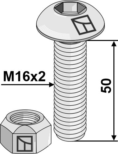 Skruv med sexkantshuvud M16x2x50 med självlåsande mutter