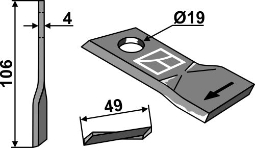 Roterende plæneklipperblad 106 x 49 mm