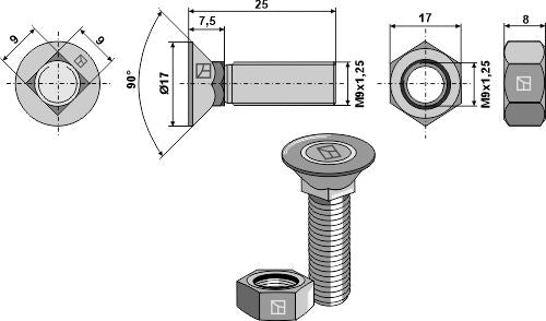 Plough bolt DIN608 M9x1,25x25 and hexagon nut
