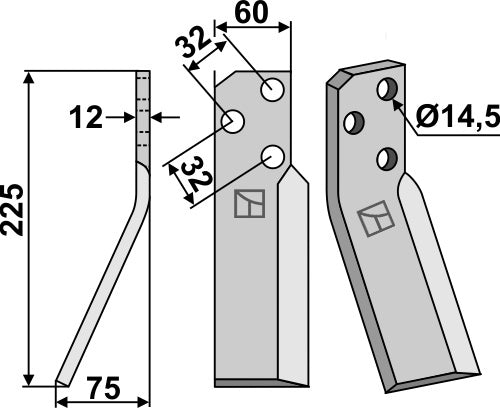 Roterende tand 225 x 60 mm, venstre