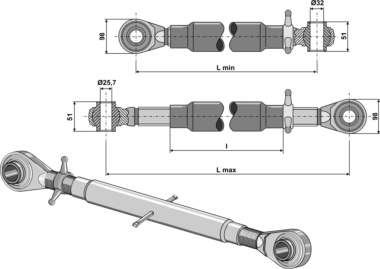 Top-links med hærdet tie-rod M36x3
